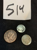 1842 LARGE ONE CENT US Coin & TWO Buffalo Nickels 1913