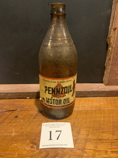 Original 100% Pure Pennsylvania Pennzoil Motor Oil Tall 1 Qt Glass Tall Oil Bottle