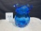 Vintage Art Glass Blue Ruffled Edge Braided Neck Vase 6 1/2