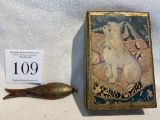Unusual Brass Fish Jewelry With Painted Box Case With Dog On Top