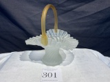 Antique Satin Glass Unusual Ruffled Edge Ribbed Basket With Amber Handle