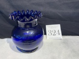 Vintage Hand Blown Cobalt Blue Ruffled Top Round Vase 5