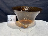 Vintage Handblown Amber Swirl Bowl With Attached Clear Pedestal Bottom 6 3/4