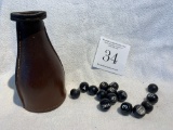 Antique Leather Early 1900s Pool Billiards Bottle With Black Pool Peas Pills From Vintage Pool Hall