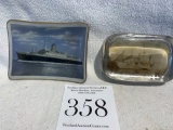 Pair Of Vintage Ship Paperweights And Ashtray
