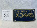Original 1972 Michigan Blue Motorcycle License Plate X3445 Very Good Condition