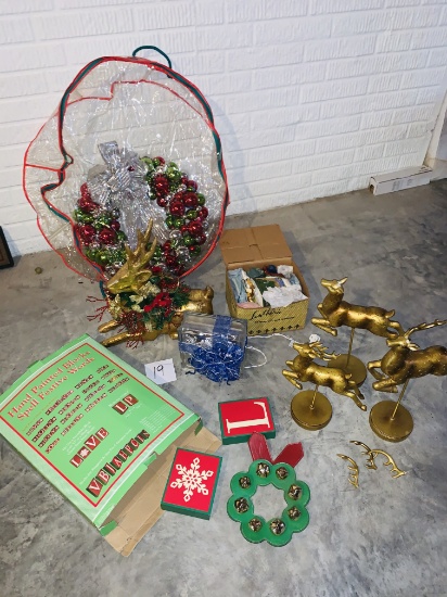 Large Group Of Christmas Decorations Reindeer Sleigh Bell Wreath Painted Blocks