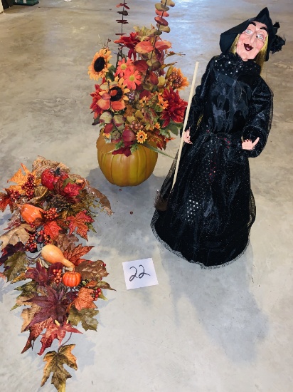 Group Of Three Fall Decorations Leaves And A Halloween Witch