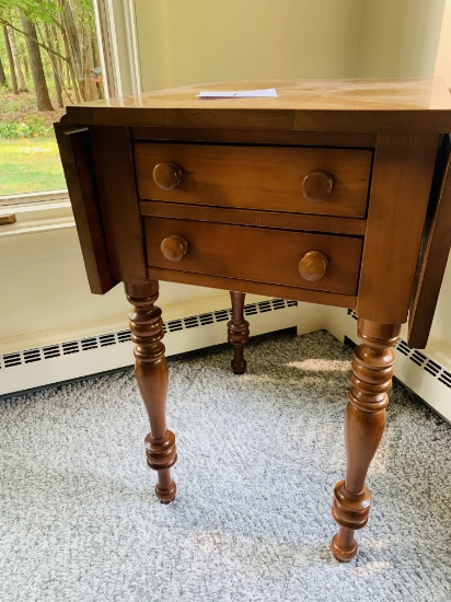 Early Americana Antique Cherry Wood Drop Leaf Table With 2 Drawers