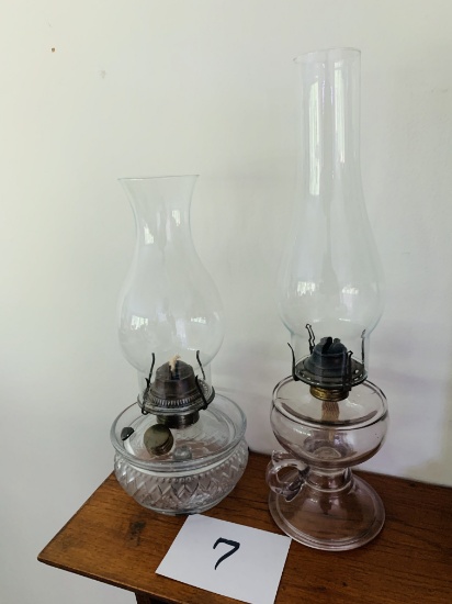 Pair Of Antique Glass Oil Lamps With Chimneys