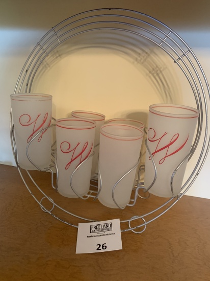 Unique Mid-century Frosted Glass Holder And 4 Glasses