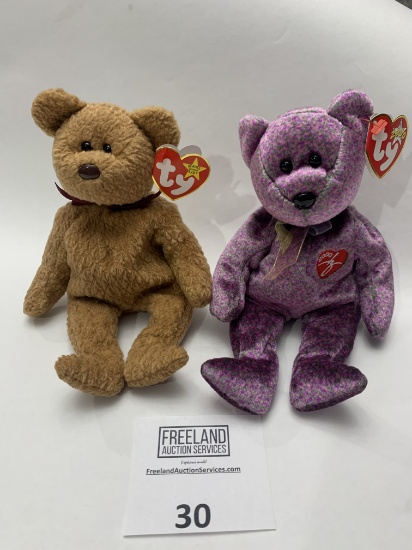 Pair Of Beanie Baby Bears Curly And The 2000 Bear