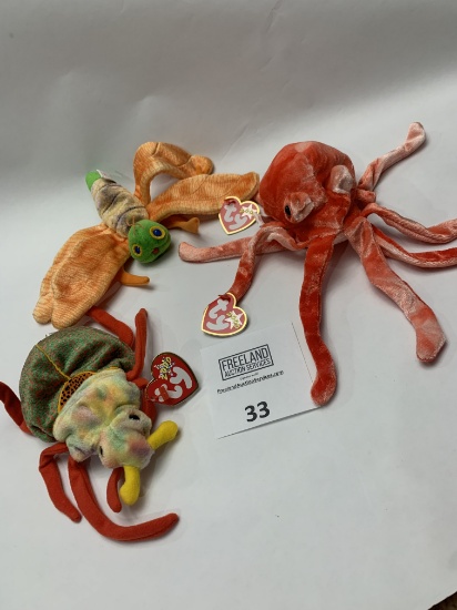 Three Colorful Beanie Babies Wiggly, Scurry And Glow