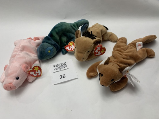 Four Hard To Find Beanie Babies Squealer, Sly, Derby, Rainbow,
