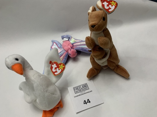 Three Excellent Condition Beanie Babies Pouch, Flitter And Gracie