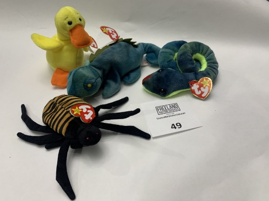 Four Beanie Babies Hissy, Iggy, Quakers, Spinner In Excellent Condition