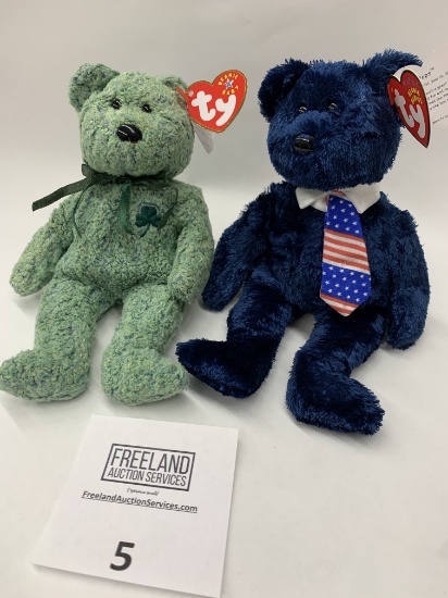 Pair Of Early 2000 Beanie Baby Bears Pops And Shamrock