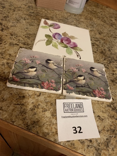 Three Hot Plate Tiles Floral And Birds