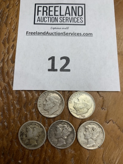 (5) 1940's Us Silver Dimes