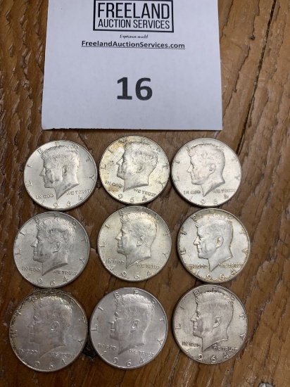 (9) 1964 Kennedy 90% Silver Half Dollars