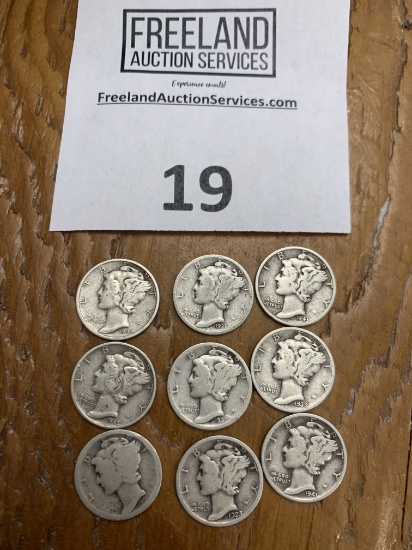 (9) Mercury Dimes Silver 1923-1941