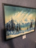 Beautiful Oil Painting Alaska Mountains, Trees And Water Framed