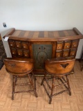 Gorgeous Mid Century Wooden Inlaid Bar With Two Bar Stools