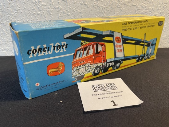 Corgi Toys 1138 Car Transporter with FORD Tilt Cab H Series Tractor