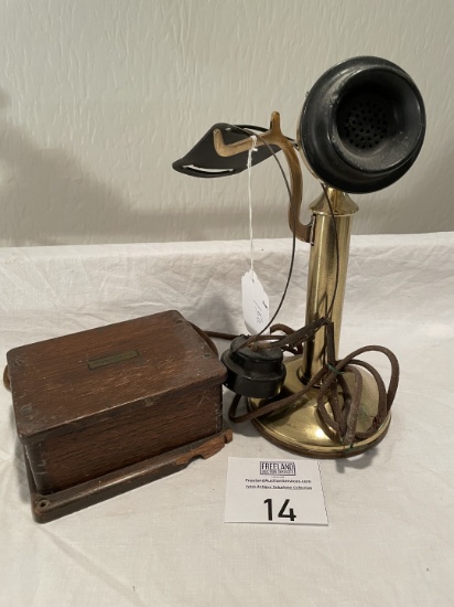 Western Electric brass Railroad Candlestick Telephone w/Headset & wooden ringer box