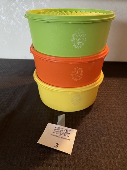 Unique Vintage Set of 3 Green/Orange/Yellow Tupperware Stackable Bins