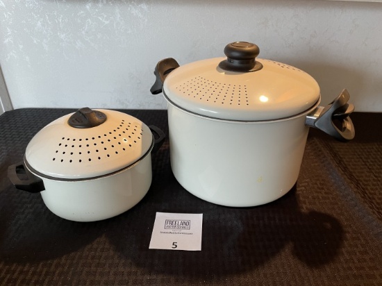 Set of two vintage White Enamel Pots with lids