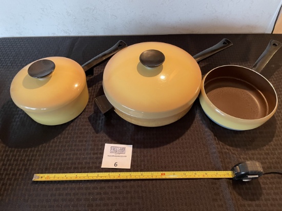 Set of three vintage 1970s pots and pans