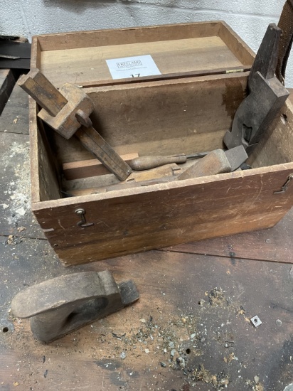 Antique carpenters box with vintage wood working tools