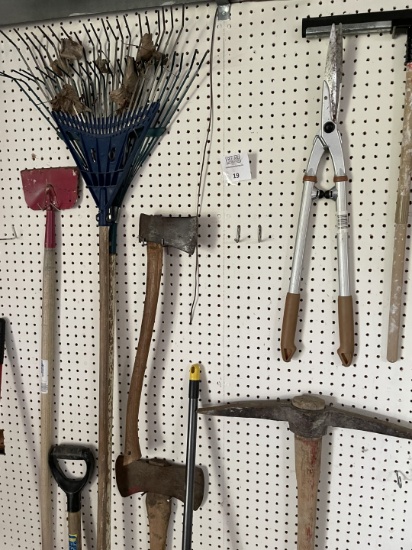 vintage Axe, pitch axe, broom, and other tools