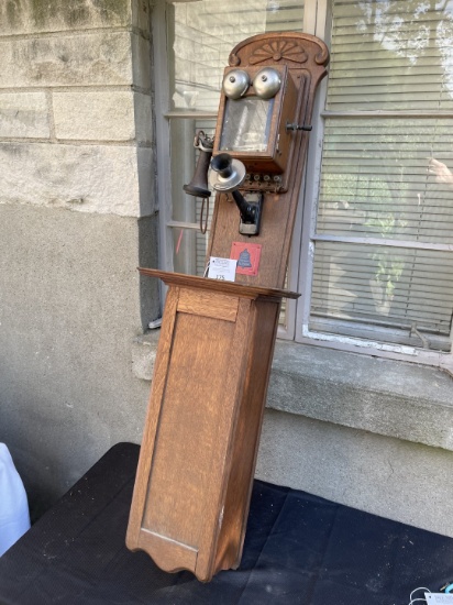 rare 50"  Western Electric GLASS FRONT Tandem Oak Wall Telephone