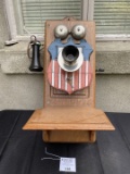 Gray Telephone Pay Station #10-A Shield Type Coin Collector on Wooden Wall phone