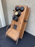 unusual Oak wooden wall telephone withTime clock and switchboard equipment