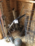 Large group of shed items hose wheel other items