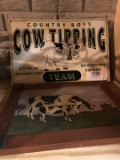 cow tipping sign metal and cow print