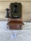 1920s Kellogg metal wall telephone mounted on wooden backboard