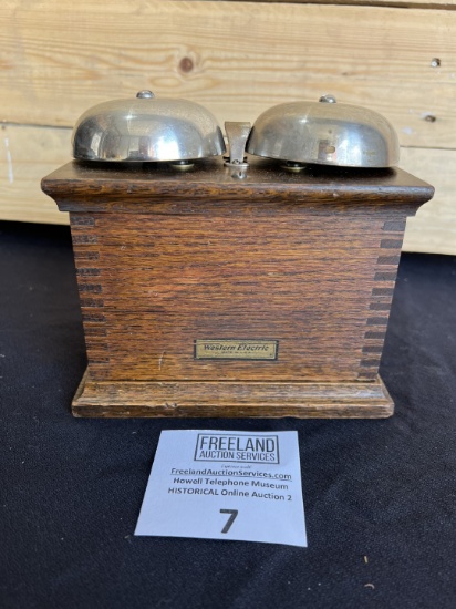 Oak Western Electric extension bell box with nickel over brass bells