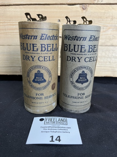 Pair of early 1900s Western Electric BLUE BELL Dry Cell telephone batteries