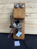 RARE New England Pony Oak Wall Telephone 7 Digit Beveled Edge Transmitter Blake Set