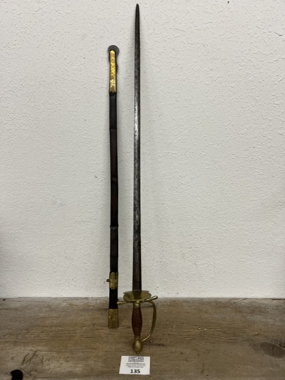 Unusual early antique military sword with leather scabbard