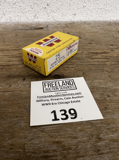Winchester 25 Automatic 6.25mm 50 grain full metal case Box of center fire cartridges