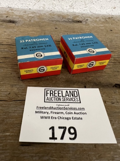 Pair of 25 Patronen KaL. 7.65 MM (.32) BROWNING boxes of Ammo
