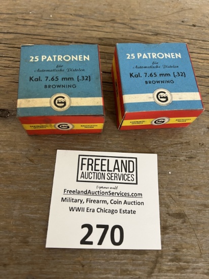 Pair of 25 Patronen KaL. 7.65 MM (.32) BROWNING boxes of Ammo