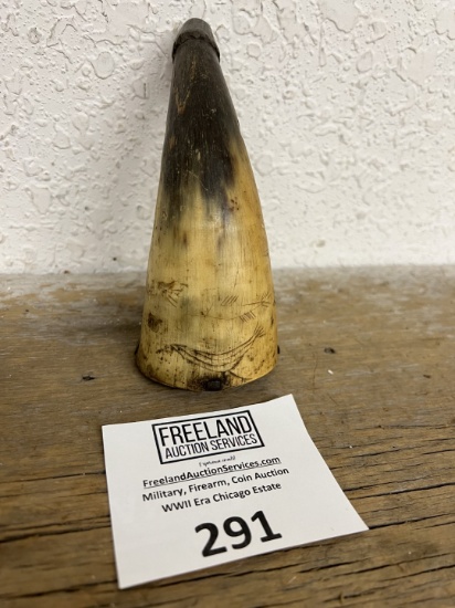 18th Century Primer Horn with Bird and Fish Carvings