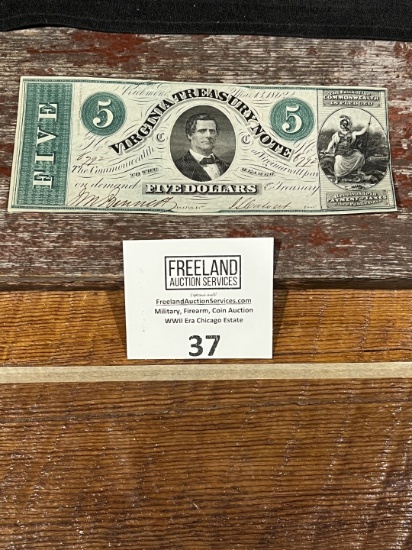 Virginia Treasury Note $5 Five Dollars No.6792 Confederate Currency ORIGINAL