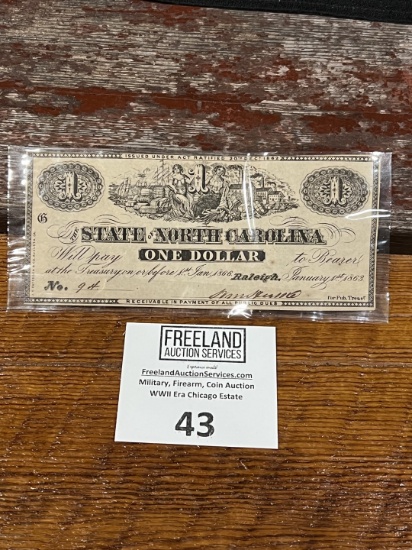 $1 The State of North Carolina ONE DOLLAR BILL 1863 No. 94 ORIGINAL!
